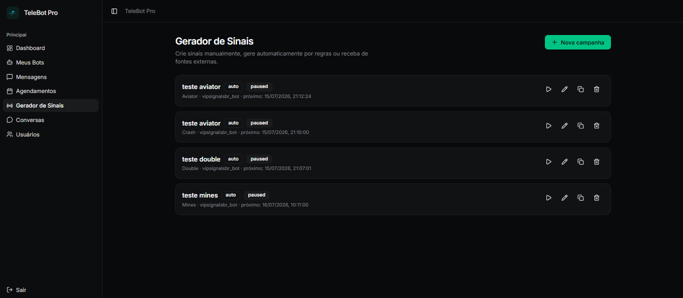 Painel do Gerador de Sinais do TeleBot Pro